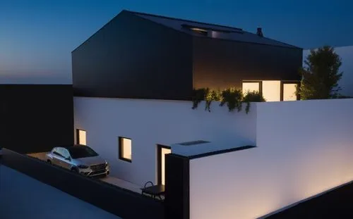 LEDS, MINIMALIST , BLACK ROOF, BLACK WALL,an illuminated house with a white car parked in front,modern house,cubic house,cube house,homebuilding,modern architecture,dunes house,house silhouette,3d ren