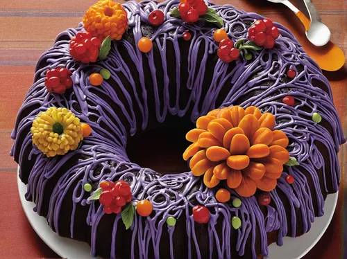 Create a spooky tale where a cursed bundt cake wreaks havoc on a small town.,bundt cake,citrus bundt cake,mixed fruit cake,fruit cake,plum cake,cake wreath,pepper cake,purple chrysanthemum,violet chry