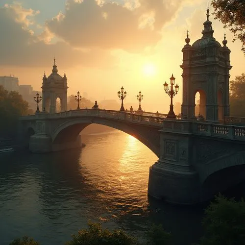 ornate bridge, balustrades, intricate stone carvings, ornamental metalwork, grand arches, majestic river view, sunset time, warm golden light, misty atmosphere, lush greenery on the riverbanks, distan