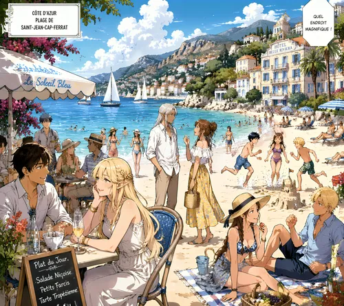 Manga style:

A beautiful beach in the south of France where French and elven vacationers relax by the sea and mingle. Couples are chatting. Children and teenagers are having fun.
,several people are 