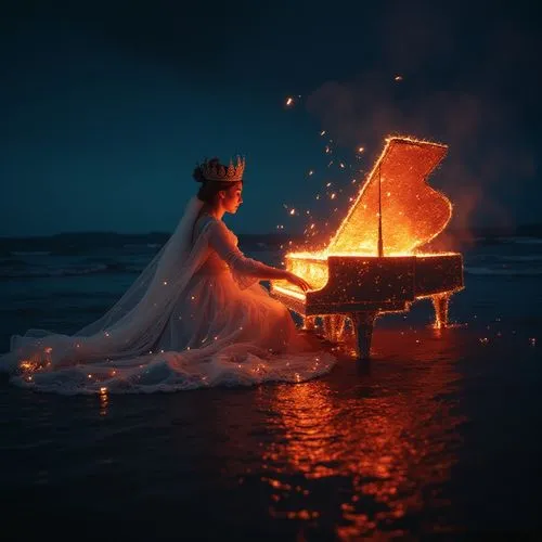 A queen is playing a burning piano in the side of a sea on night,the lady is playing a grand piano in the water,the piano,fire artist,piano player,grand piano,drawing with light,igniting