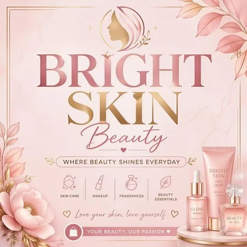 a  poster for a shop name bright skin beauty ,bright skin beauty products ad on pink background,flower essences,skin cream,skin care,cosmetics,skincare,skincare packaging,cosmetics packaging,natural c
