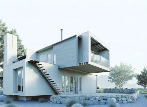 3d rendering of an exterior view of a modern house,cubic house,cube stilt houses,inverted cottage,cantilevers,modern house,modern architecture,cantilevered,cube house,dunes house,residential house,fra