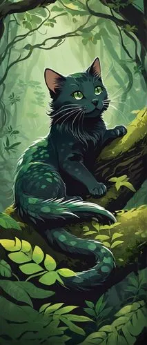 Felis salamander cat, whiskers, pointy ears, green eyes, fluffy fur, scales on back, sitting, lying down, stretching, playful, curious, adventurous, in a mystical forest, surrounded by ancient trees, 