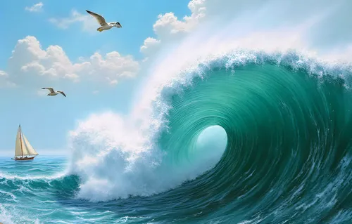 the paintings are of a boat in the ocean with a huge wave,big wave,tidal wave,rogue wave,ocean background,big waves,ocean waves,bow wave,hydrodynamic,tsunamis,wind surfing,sea storm,the wind from the 