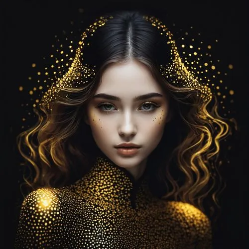small glowing golden colors,irregular dots forming the shape of a girl,artistic,minimalist,black background,highly detailed,gold foil mermaid,gold glitter heart,gold filigree,gold leaf,golden crown,go