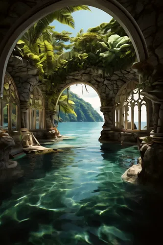 fantasy landscape,underwater oasis,cave on the water,an island far away landscape,landscape background,imperial shores,fantasy picture,backgrounds,underwater landscape,world digital painting,fjord,sea