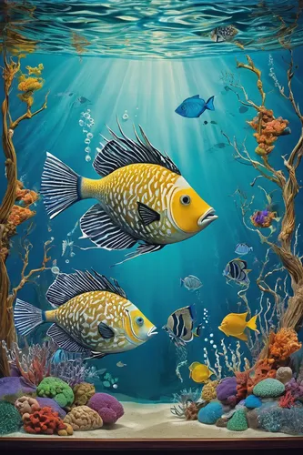 Craft a comedic scene in which a trigger fish unintentionally causes chaos in a fish tank.,aquarium decor,underwater background,fish in water,aquarium inhabitants,coral reef fish,underwater fish,aquac