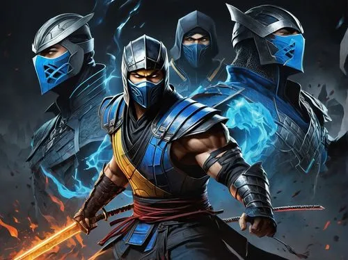 Dark fantasy arena, Mortal Kombat, intense dramatic lighting, smoky atmosphere, ancient temple ruins, mysterious fog, brutal fight scene, powerful warriors, Scorpion, Sub-Zero, Raiden, Sonya, bloody i
