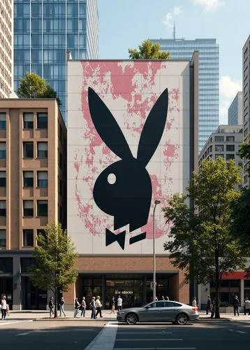 a giant bunny face painted on a building in the middle of a city,cartoon rabbit,cartoon bunny,lapin,jack rabbit,billboard advertising,rabbit,public art,best digital ad agency,gray hare,cool pop art,br