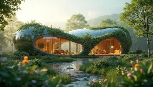 Sustainable blobitecture, futuristic, eco-friendly, organic shape, green roof, solar panels, recycled materials, transparent glass walls, natural ventilation, minimal carbon footprint, surrounded by l