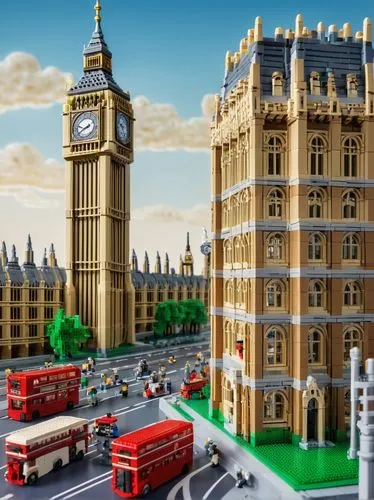 Big Ben, London, iconic clock tower, intricate Lego bricks, 21013 architecture set, daytime, sunny weather, blue sky with few white clouds, detailed stone walls, Gothic style, pointed arches, ornate c