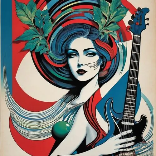 A surreal composition drawn with ink marker technique using perfect horizontal lines. A guitar woman holds a stylized electric guitar, both abstracted into solid gradient spheres (blue, red, and green