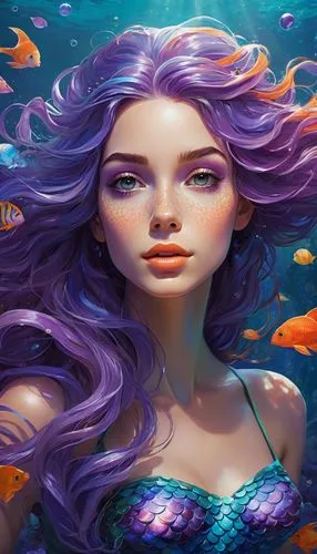 Front-on portrait of a whimsical, colorful woman who resembles a mermaid. Fair skin, youthful features, wide-open eyes, and delicate freckles on her nose and cheeks. Vibrant, gravity-defying hair in s