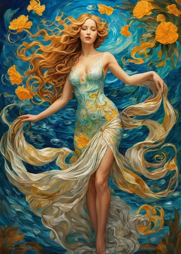 Sfumato and chairoscuro Painting, attractive woman stands shy, very long hair flies, woman looks like mixture of jennifer lawrence and nicole kidman pose like venus in the painting named birth of venu
