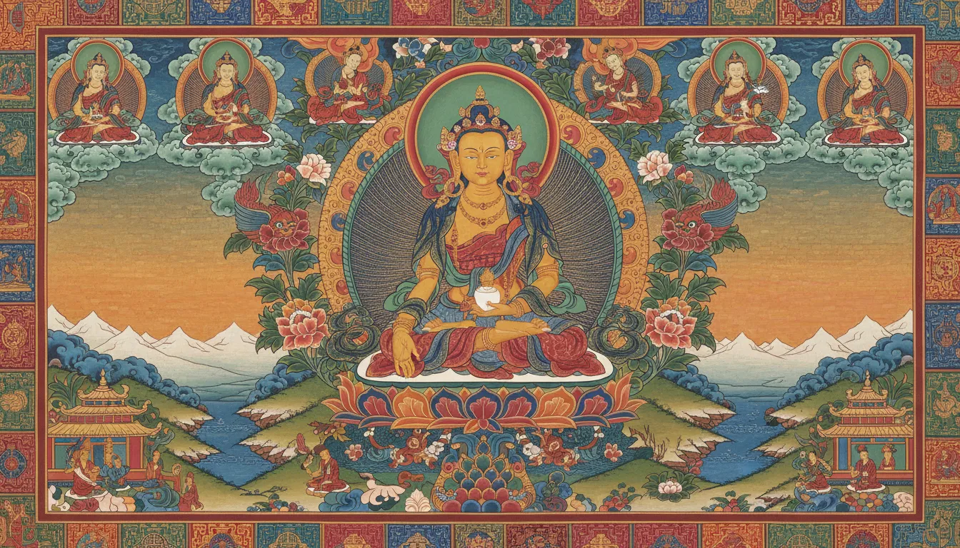 Ein hochdetailliertes, KI-generiertes Thangka-Gemälde einer heiteren Gottheit, umgeben von komplexen Mustern und lebendigen Farben.