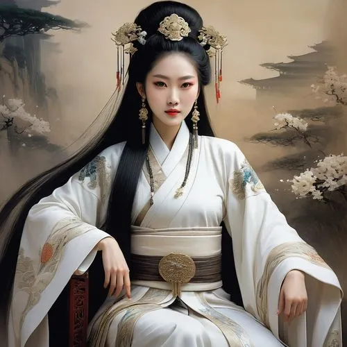 Chinese imperial palace of the Qin dynasty, on the throne sits a very beautiful charming Chinese woman with beautiful expressive eyes, beautiful thin lips, beautiful long hair, a martial arts master, 