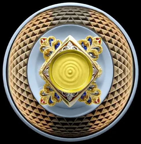 the white plate with gold and blue decorations is surrounded by round objects,circular star shield,q badge,crown seal,pioneer badge,roundel,esoteric symbol,theosophist,g badge,r badge,c badge,l badge,