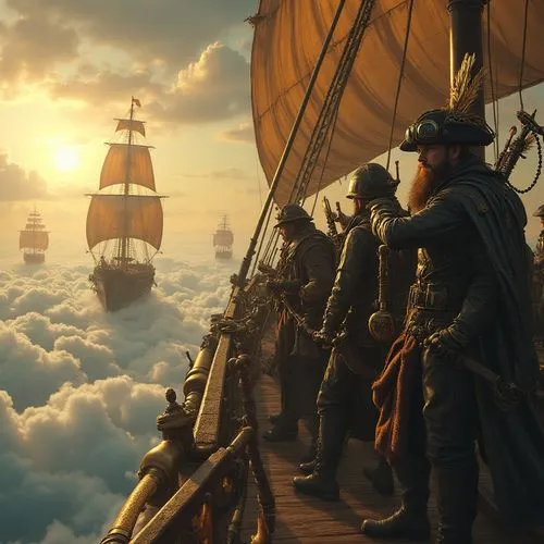 "Un grupo de piratas del cielo en un mundo steampunk, navegando en un enorme dirigible de metal y madera con engranajes, tuberías de vapor y velas mecánicas. Los piratas llevan gafas de aviador, abrig