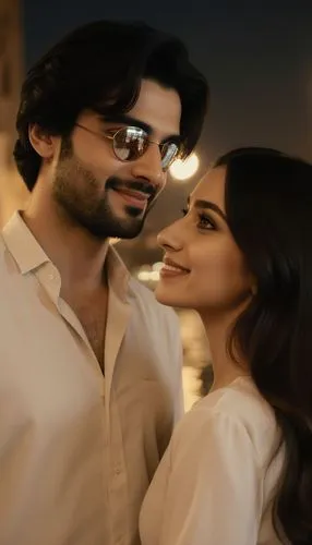 
A handsome young Arab man, light olive skin, sharp jawline, soft beard, expressive brown eyes, stylish black hair, wearing elegant casual clothes in neutral tones, cinematic romantic aura.
A beautifu