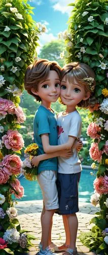 Full Body A touching high-definition 3D illustration showing the endearing bond between a boy and a girl, 13 years old, a boy and a girl. They embrace each other with love and their eyes meet in a war