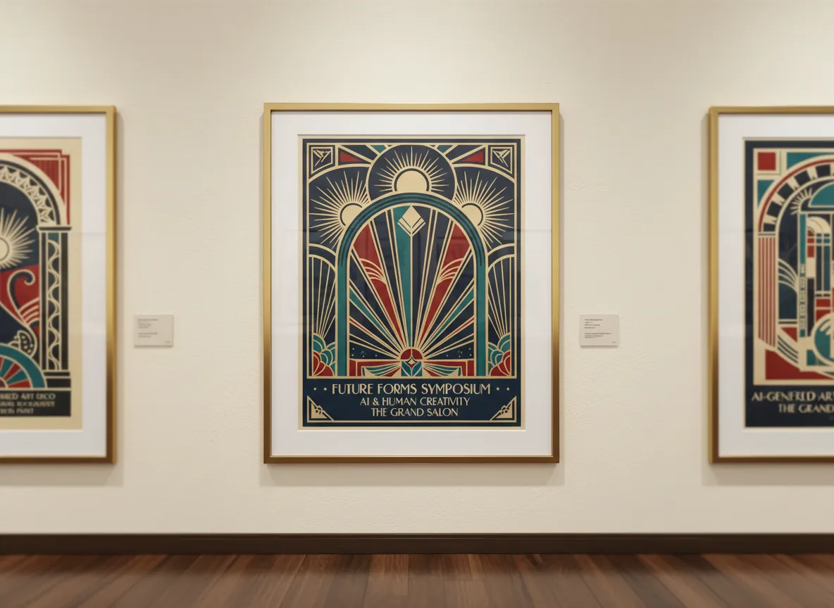 Un mockup che mostra un poster per eventi Art Déco generato dall'AI, incorniciato e appeso a una parete di una galleria, dimostrando la sua qualità di stampa professionale.