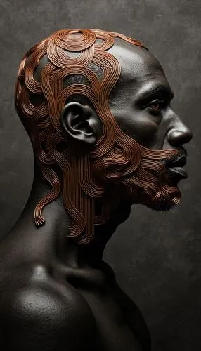 A captivating abstract artwork featuring a man's profile with a coal-colored face and intricate copper wire beard. His unique copper plate hairstyle adds a mechanical touch to the portrait. The striki