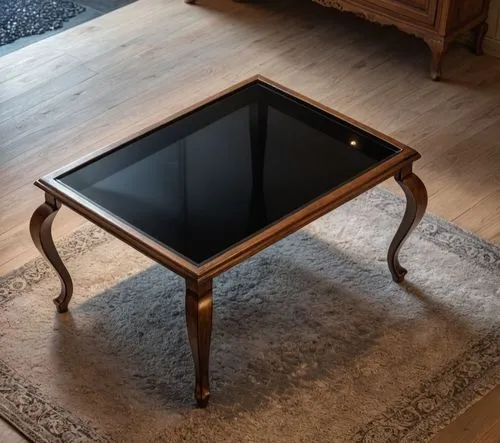 A vintage wooden coffee table with a black smoked glass top, surrounded by soft, warm lighting, nestled in a cozy reading nook under a large, detailed arched window, with a subtle dusting of textured 