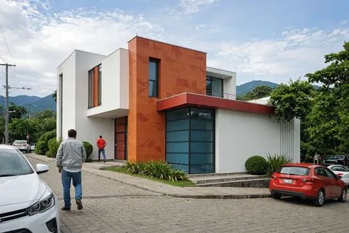 A photo-realistic rendering of a modern two-story building with a combination of white and orange colors. the building has a rectangular shape with a flat roof and large windows on both sides. The ext