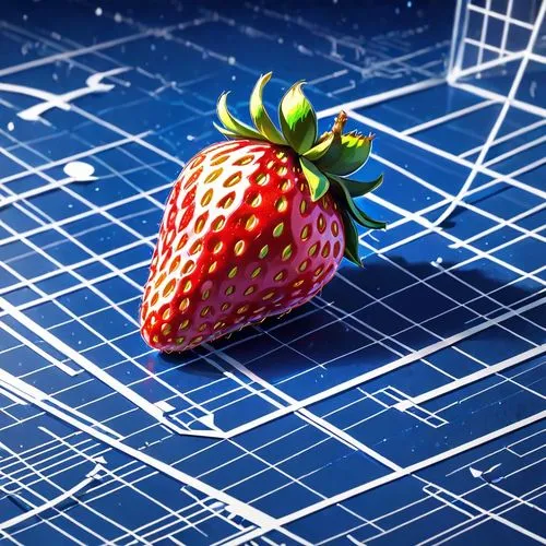 Create a single-subject blueprint poster of a strawberry 
using only the main subject from the uploaded image. Render it as a clean white technical line drawing on a deep cobalt-blue blueprint backgro