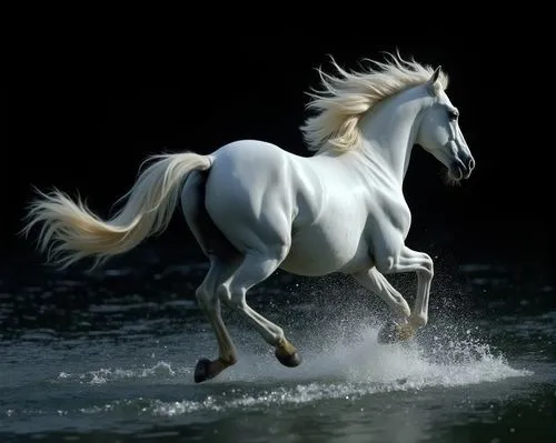 A running white horse, Action shot,fine fur, hair fluttering in the wind, shimmering river, black background, artwork, masterpiece, cinematic sense, animal photography,8K


,a white horse galloping in