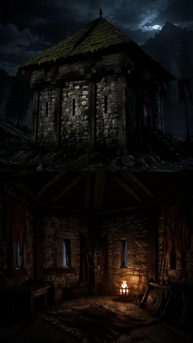 A night scene of a low stone tower with reinforced beams and a moss-covered green roof. Small observation slits are set into the stone walls. The interior features somber tapestries and a faint glow f
