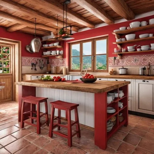 Cozinha com moveis em madeira rustica , com pequenos detalhes em vermelho 
,tile kitchen,kitchen interior,kitchen design,vintage kitchen,big kitchen,kitchen,kitchens,cocina,chefs kitchen,cucina,the ki