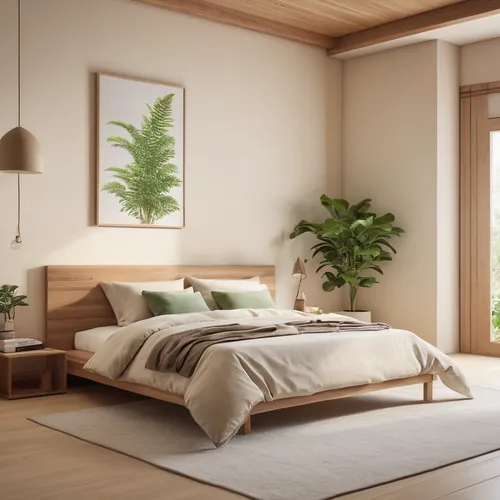  Interior design of a bedroom, minimal style, beige and wood, muji style, green plants in the room,japanese-style room,modern room,bedroom,wooden mockup,modern decor,canopy bed,3d rendering,bed frame,