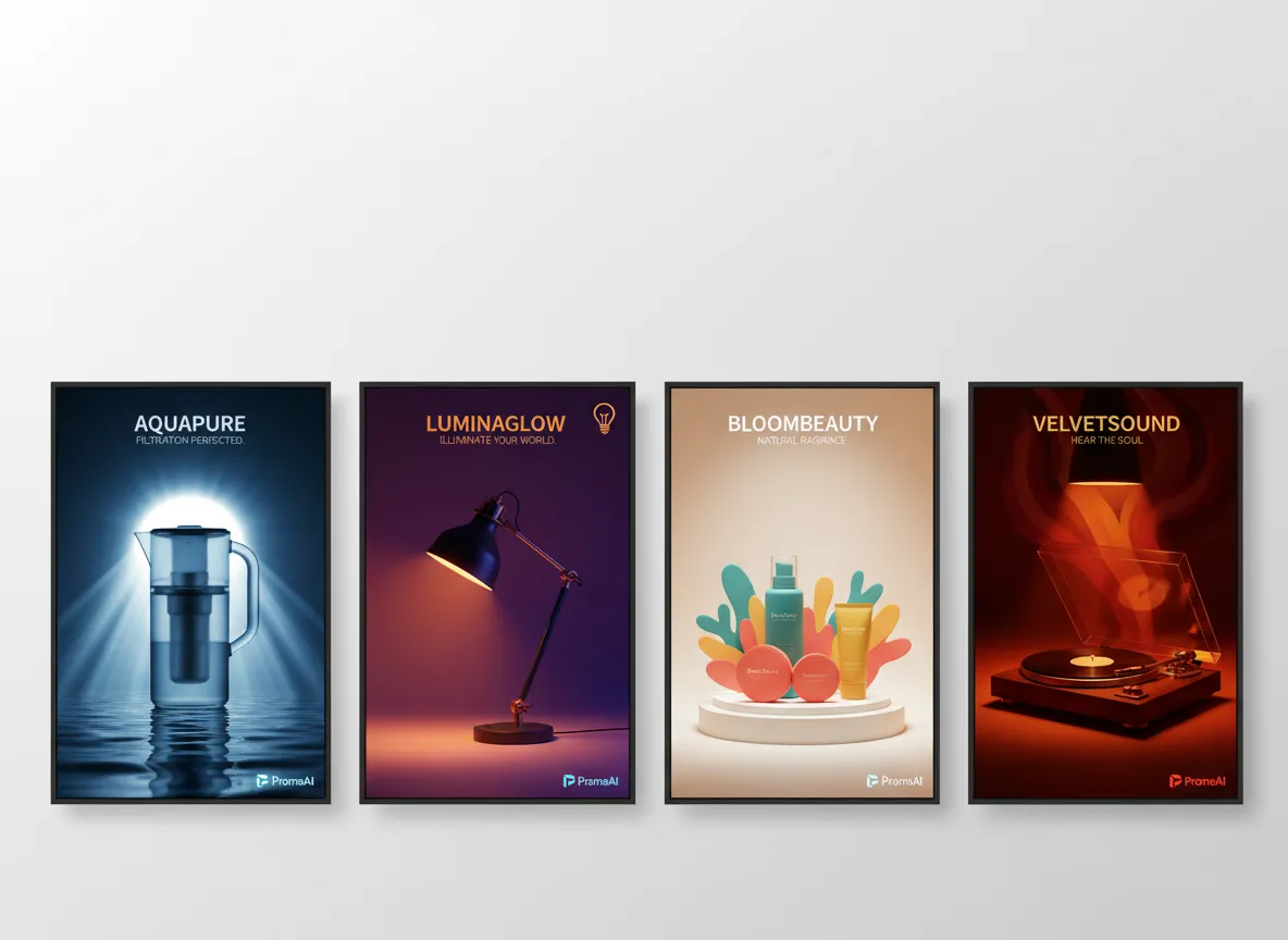 Eine Galerie mit vier Plakatvarianten für eine Produkteinführung, die jeweils eine andere Farbtheorie und einen anderen Beleuchtungsstil von PromeAI verwenden.