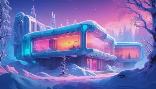 Winter wonderland, frozen landscape, modern minimalist architecture, snow-covered roof, icy blue windows, frosty glass doors, thermal insulated walls, double-glazed windows, frozen fountain, snowy tre
