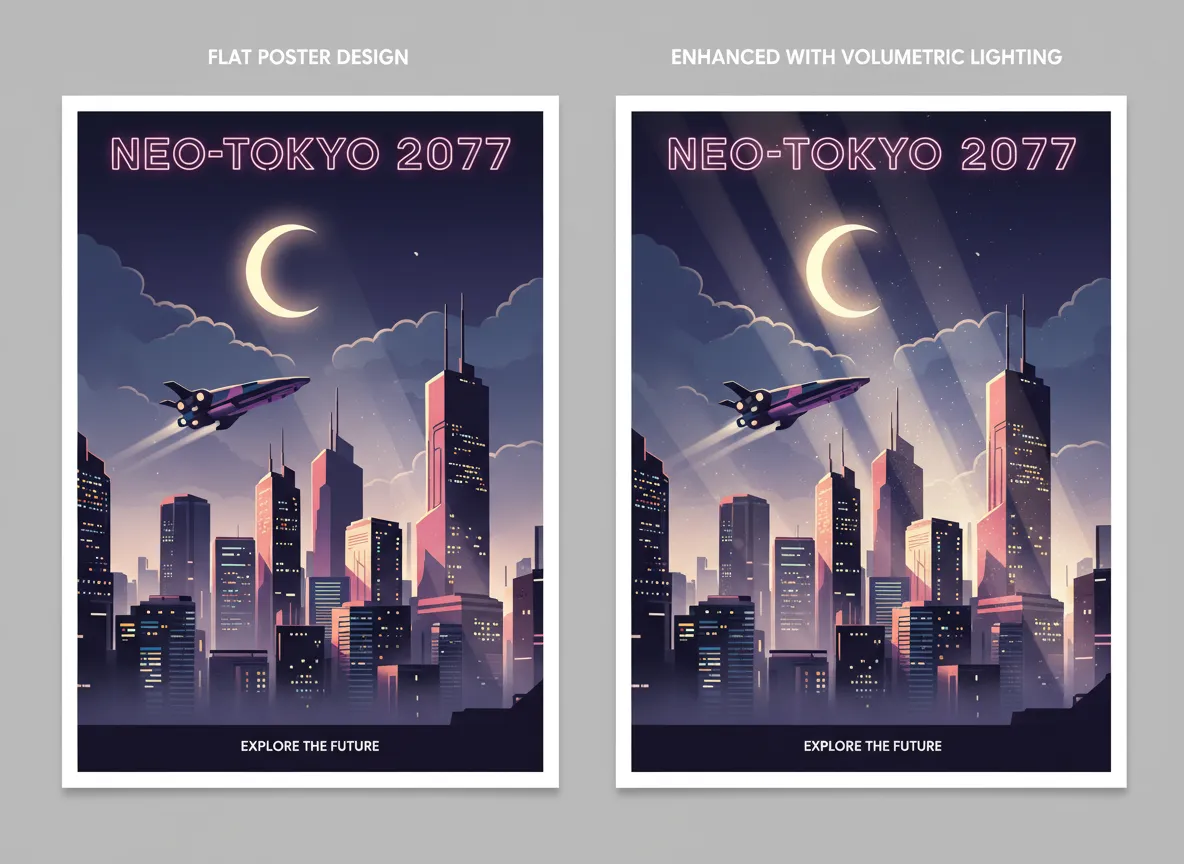 Confronto fianco a fianco che mostra un design di poster piatto rispetto a uno migliorato con l'illuminazione volumetrica di PromeAI, evidenziando la profondità e il realismo aggiunti.