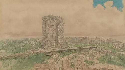 DESENHA NA INTEGRA AS LINHAS SEM ALTERAR A FOTO,a drawing of a very tall city with some buildings on it,the skyscraper,bologna,skyscraper,renaissance tower,tower fall,highrise,skyscrapers,tower,tower 