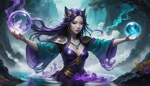 Female figure , reclined by a body of water, in a dark-purple and black,  lying near a teal-colored body of water. She has one yellow eye and one purple eye. Long, dark hair,  A small, a purple-colore