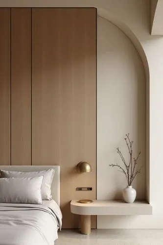 textured bedroom nook ,a wooden room with a bed and side tables,anastassiades,headboards,headboard,wooden wall,mahdavi,bedstead,foscarini,limewood,fromental,contemporary decor,wall plaster,wooden shut