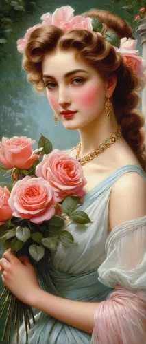 Elegant Lady With A Bouquet of Roses by Emile Vernon,emile vernon,rosebushes,wild roses,camellias,pink roses,scent of roses,rosebush,splendor of flowers,wild rose,noble roses,camelliers,sugar roses,bi