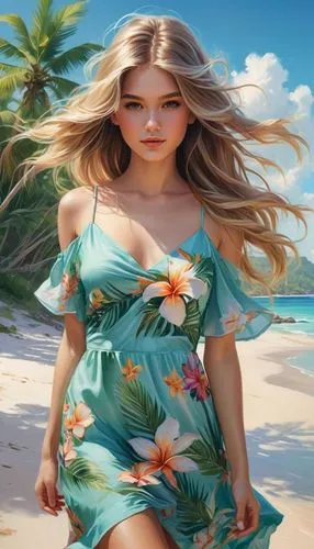 Una isla tropical con arena fina, palmeras, árboles en flor y aguas cristalinas. Una chica hermosa y dulce, de cabello largo, pasea por la orilla con un vestido de verano.,an image of a beautiful woma