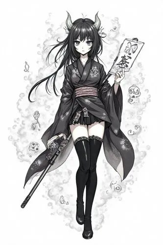 "Manga-style line art of a mysterious Japanese woman exorcist wearing black thigh-high boots and a flowing kimono modified with mystical patterns. She holds a paper talisman or a staff, and ghostly yo