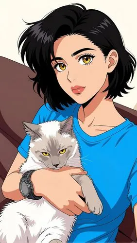 anime style Style, art by Naoko takeuchi :
Latin woman with Mexican features, gold-brown eyes. 

,a woman in a blue shirt holding a gray and white cat,cat mom,cat vector,cute cartoon image,cat cartoon
