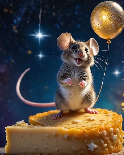 a rat on top of a piece of cheese with a balloon floating above it,quark tart,straw mouse,cheesecake,cheese cake,cheese slice,year of the rat,field mouse,quark,nut cake,wood mouse,butternuts,mousey,mo