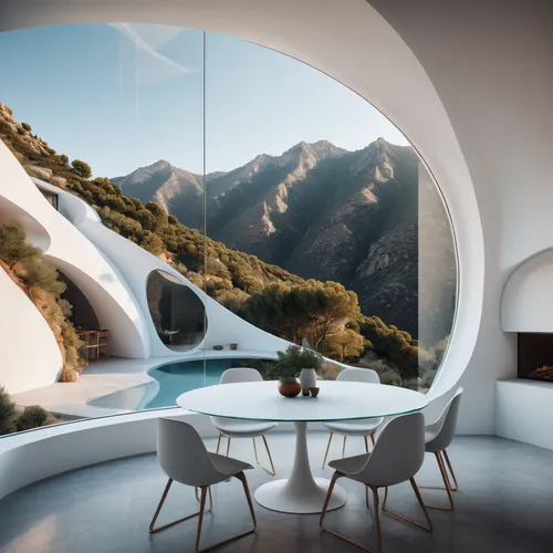 ( dining room:1.2) of a house with round lines built into the side of a mountain, glass window, a 3D render, unsplash contest winner, hypermodernism, trending on dezeen, white minimalist architecture,