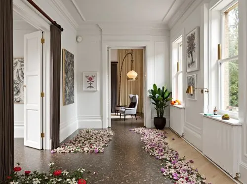 flowers and leaves lay on the floor of a hall,enfilade,hallway space,flower wall en,claridge,belgravia,claridges,gournay,hallway,entryway,entryways,fromental,entrance hall,foyer,lanesborough,flower ca
