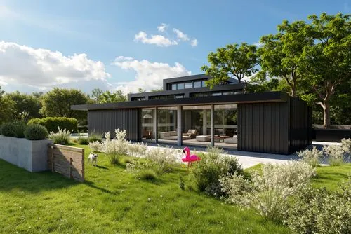 A photo-realistic rendering of a modern, minimalist house with a black exterior and large glass windows. the house is situated on a grassy hillside, with a clear blue sky and fluffy white clouds in th