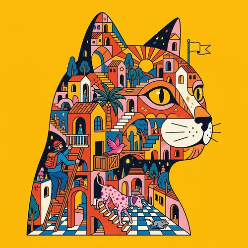 A stylized, abstract image of a cat, integrated into a fantastical, multi-layered cityscape. Miniature scenes unfold within the cat's silhouette: a man in a blue jacket climbs a ladder, a pink bird fl