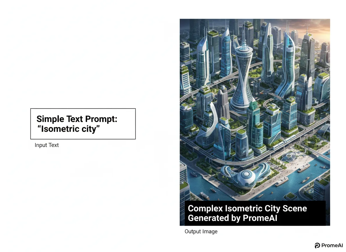 Ein direkter Vergleich, der eine einfache Textaufforderung und die von PromeAI generierte komplexe isometrische Stadtszene zeigt.